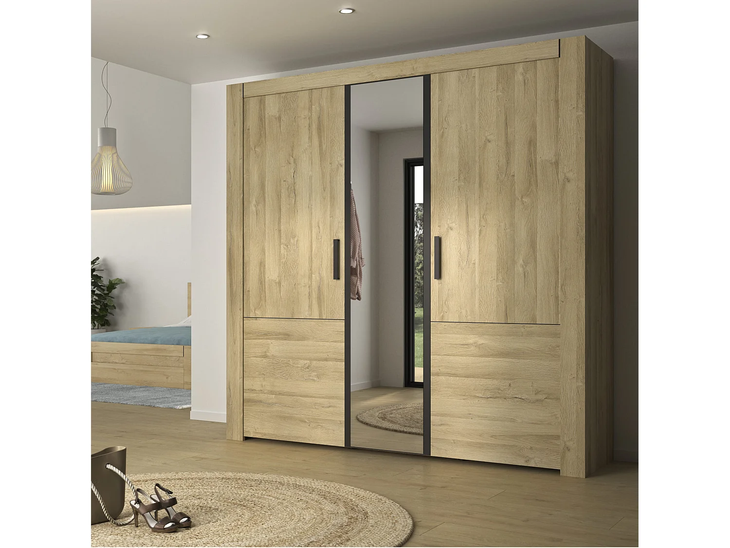 Lit led sensitive 140x190 et armoire en bois clair - LT5084