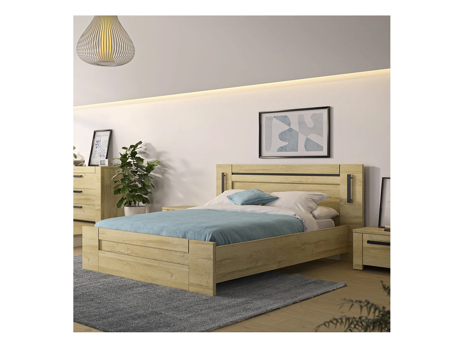 Lit led sensitive 140x190 et armoire en bois clair - LT5084