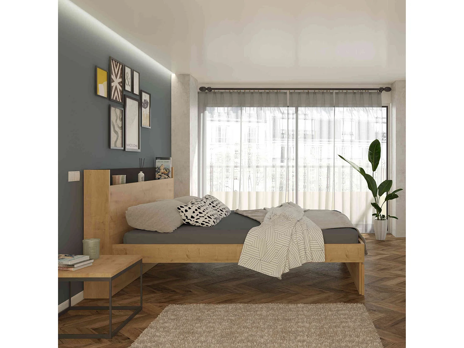 Lit avec tête de lit en bois imitation chêne 160x200 cm - LI9051