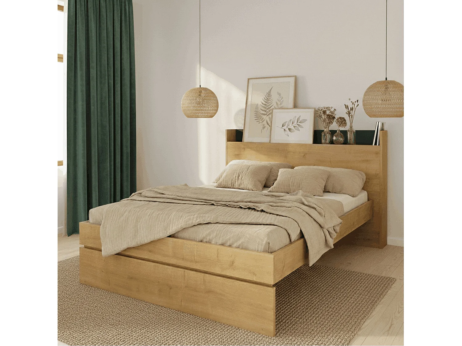 Lit avec tête de lit en bois imitation chêne 160x200 cm - LI9051