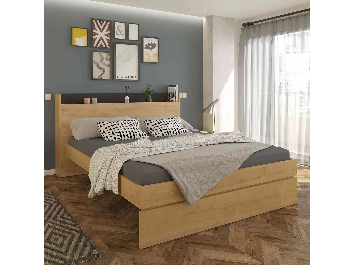Lit avec tête de lit en bois imitation chêne 160x200 cm - LI9051