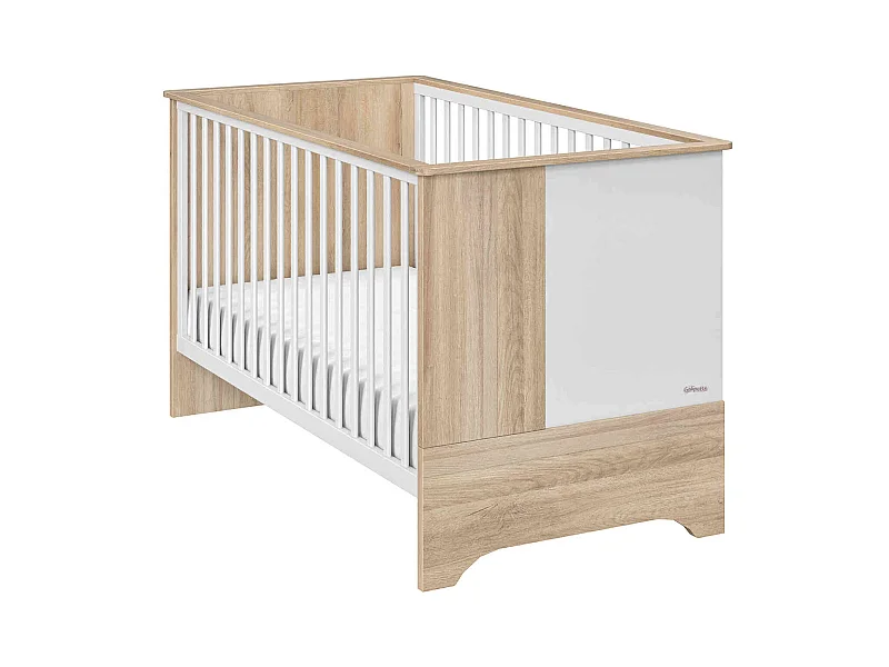 Lit bébé évolutif Sacha 70x140 en bois imitation chêne bocage et blanc - Galipette