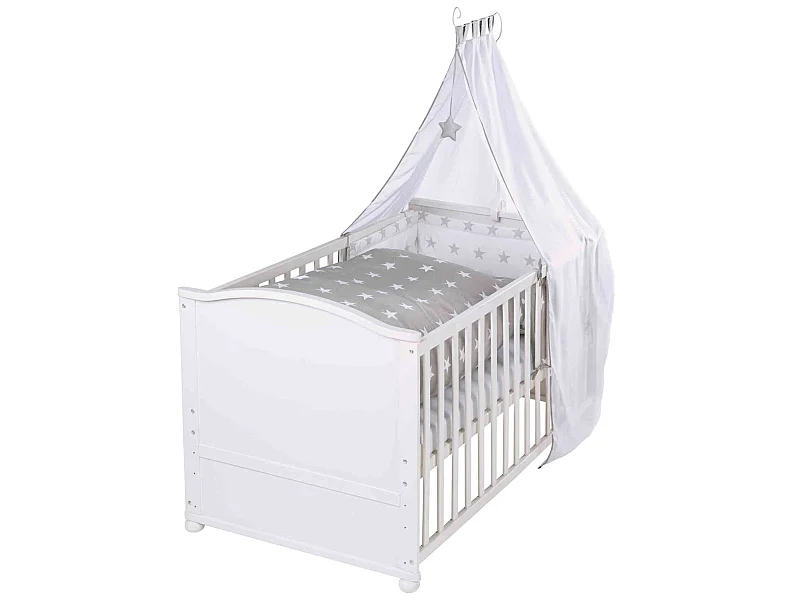 Lit bébé évolutif Little Star en bois blanc réglable en hauteur + matelas et accessoires