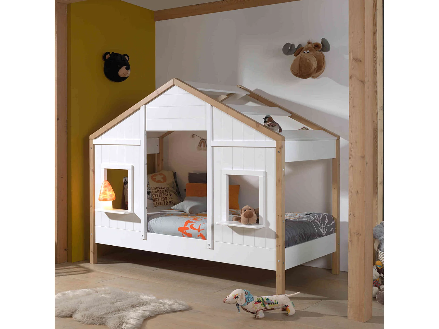 Lit cabane enfant en bois blanc et hêtre 90x200 cm - LT2051