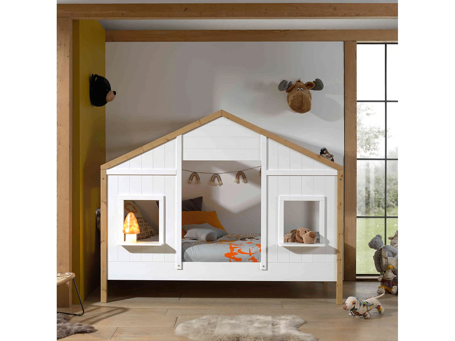 Lit cabane enfant en bois blanc et hêtre 90x200 cm - LT2051