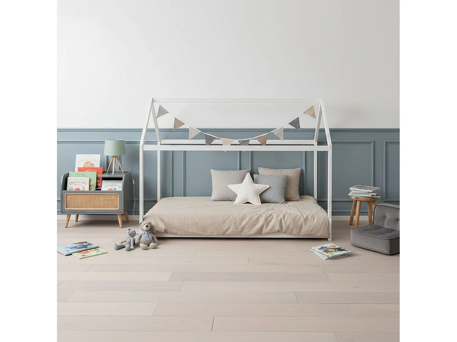 Lit cabane enfant inspiration Montessori en bois blanc 70x140 - LT14004