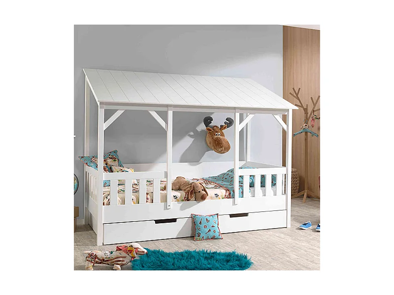 Lit cabane enfant avec toit blanc en bois 90x200 + tiroir de lit