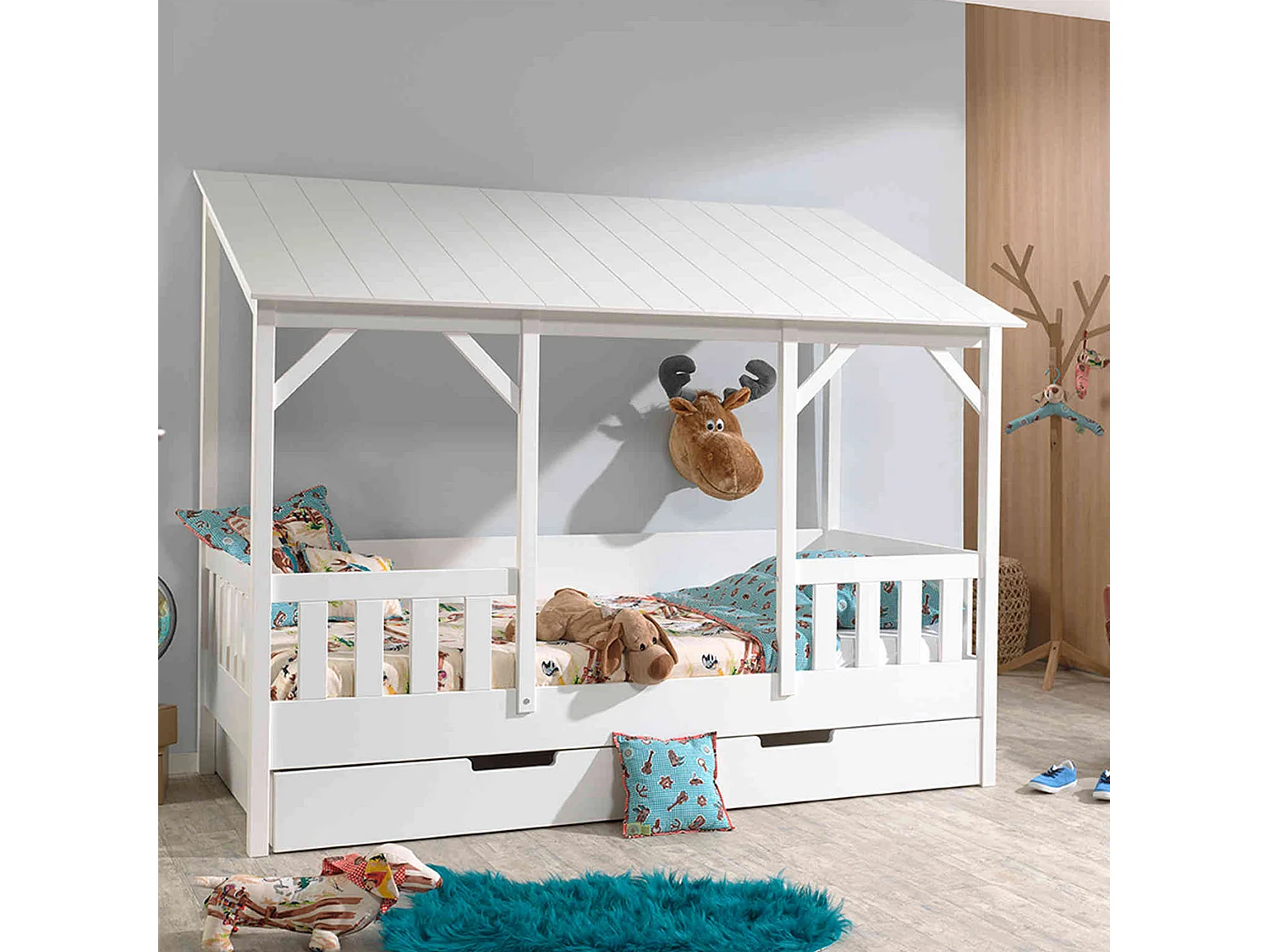 Lit cabane enfant avec toit blanc en bois 90x200 + tiroir de lit