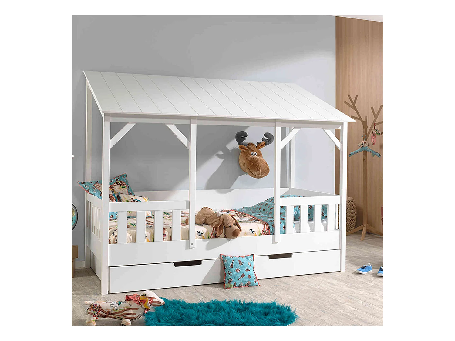 Lit cabane enfant avec toit blanc en bois 90x200 + tiroir de lit
