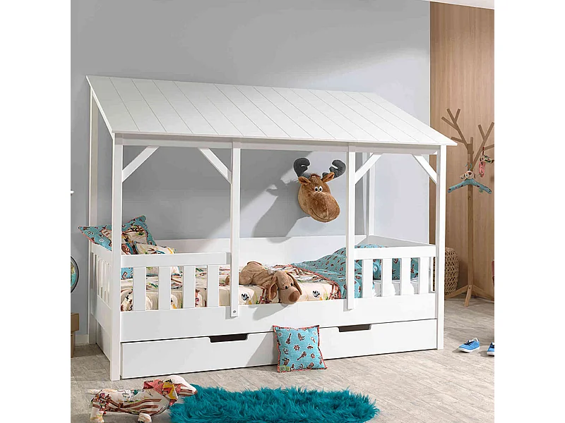 Lit cabane enfant avec toit blanc en bois 90x200 + tiroir de lit