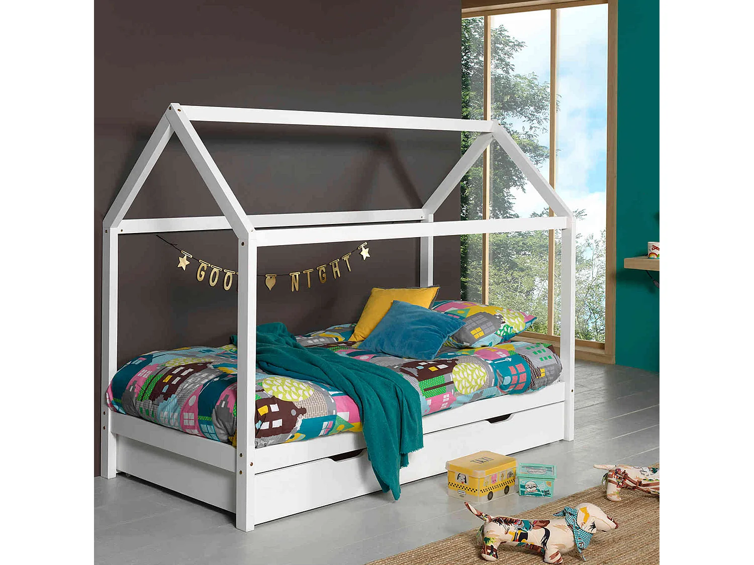 Lit cabane enfant en bois massif blanc 90x200 avec tiroir de lit - LT2024