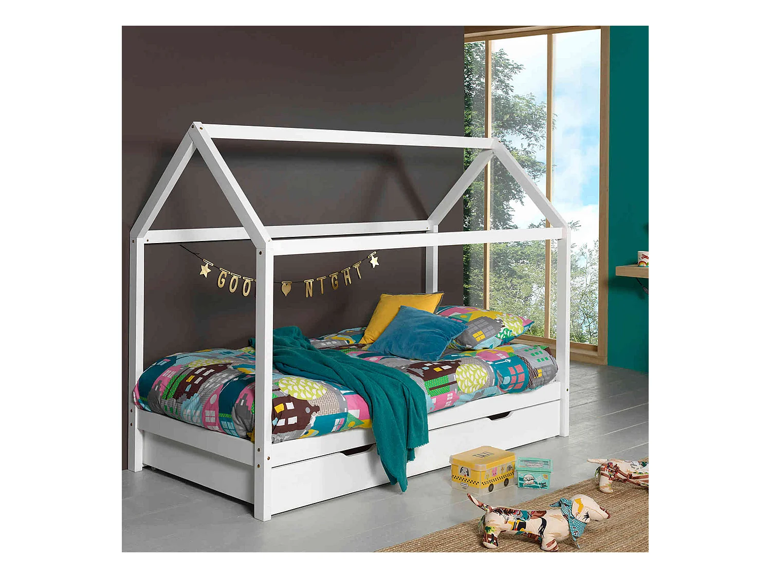 Lit cabane enfant en bois massif blanc 90x200 avec tiroir de lit - LT2024