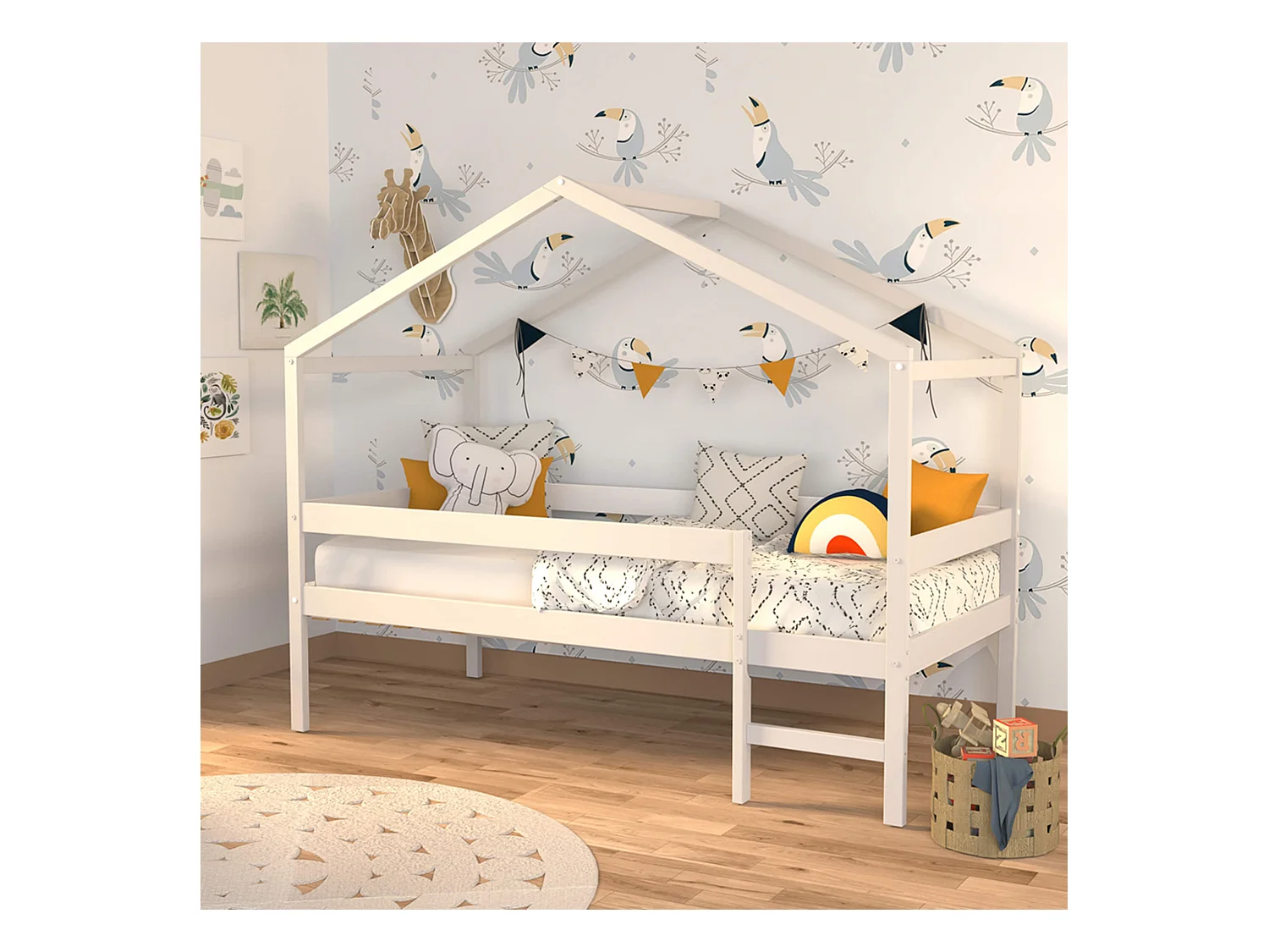 Lit cabane enfant bois blanc laqué 90x190 - LT14054