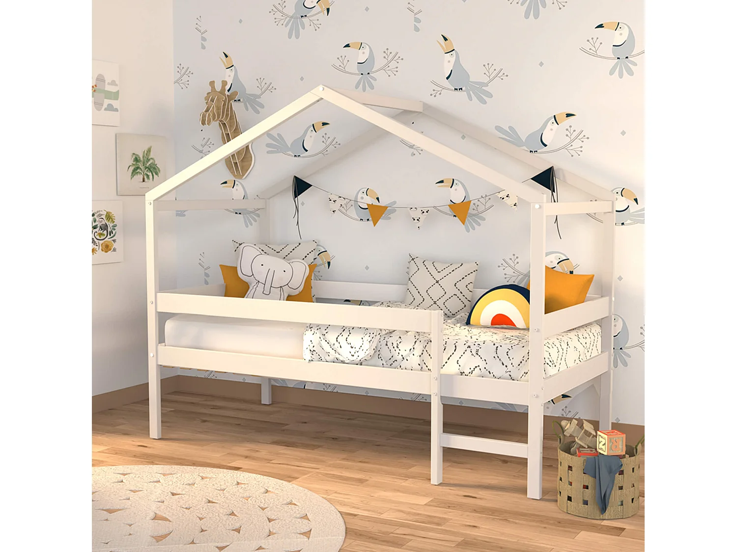 Lit cabane enfant bois blanc laqué 90x190 - LT14054