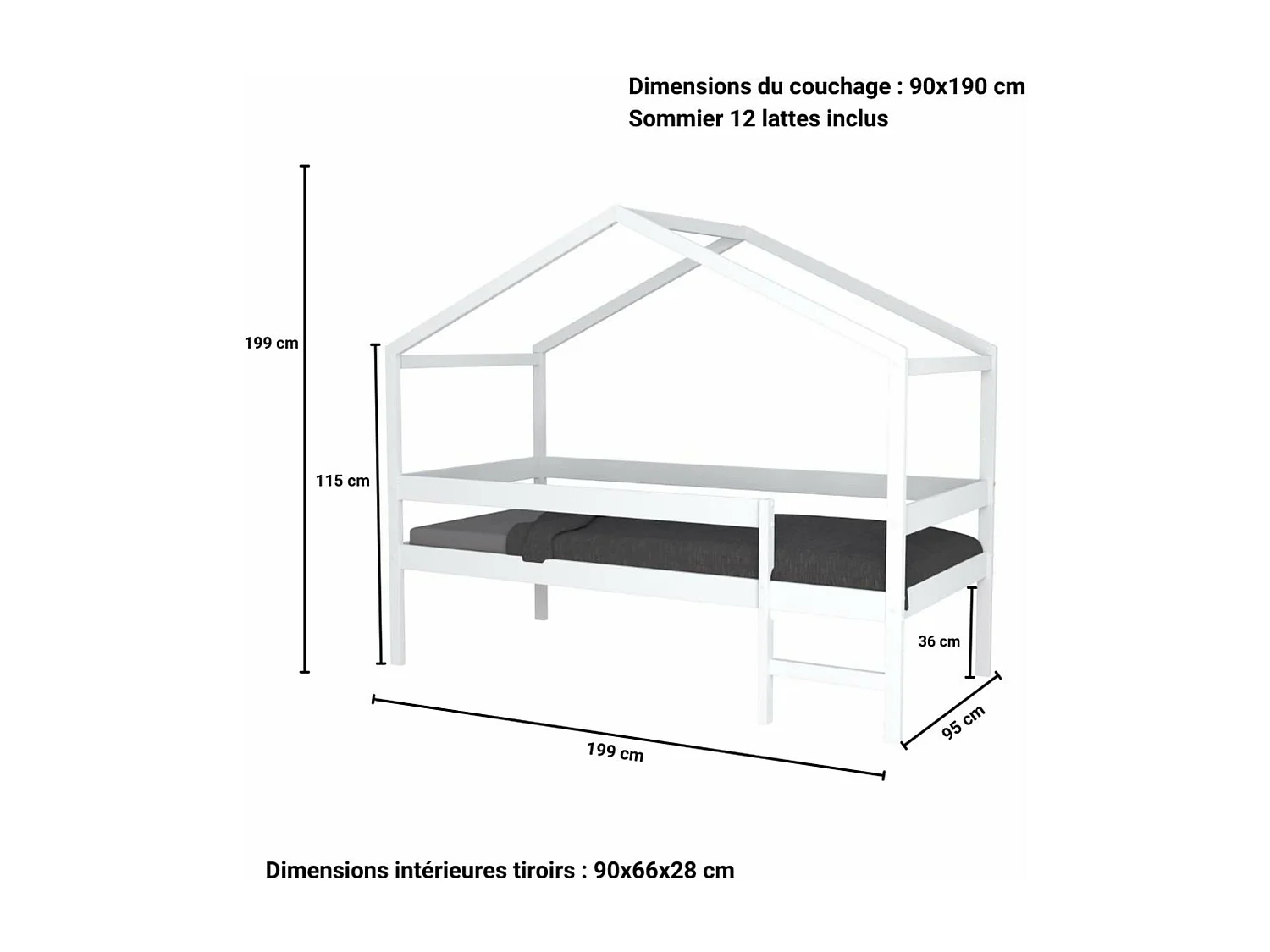 Lit cabane enfant bois blanc laqué 90x190 - LT14054