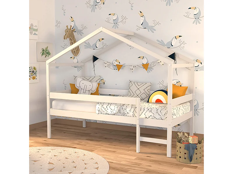Lit cabane enfant bois blanc laqué 90x190 - LT14054