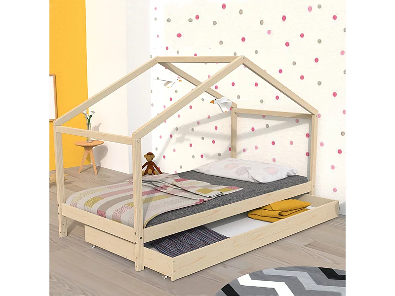 Lit cabane enfant avec tiroir en bois naturel 90x190 - LT14006