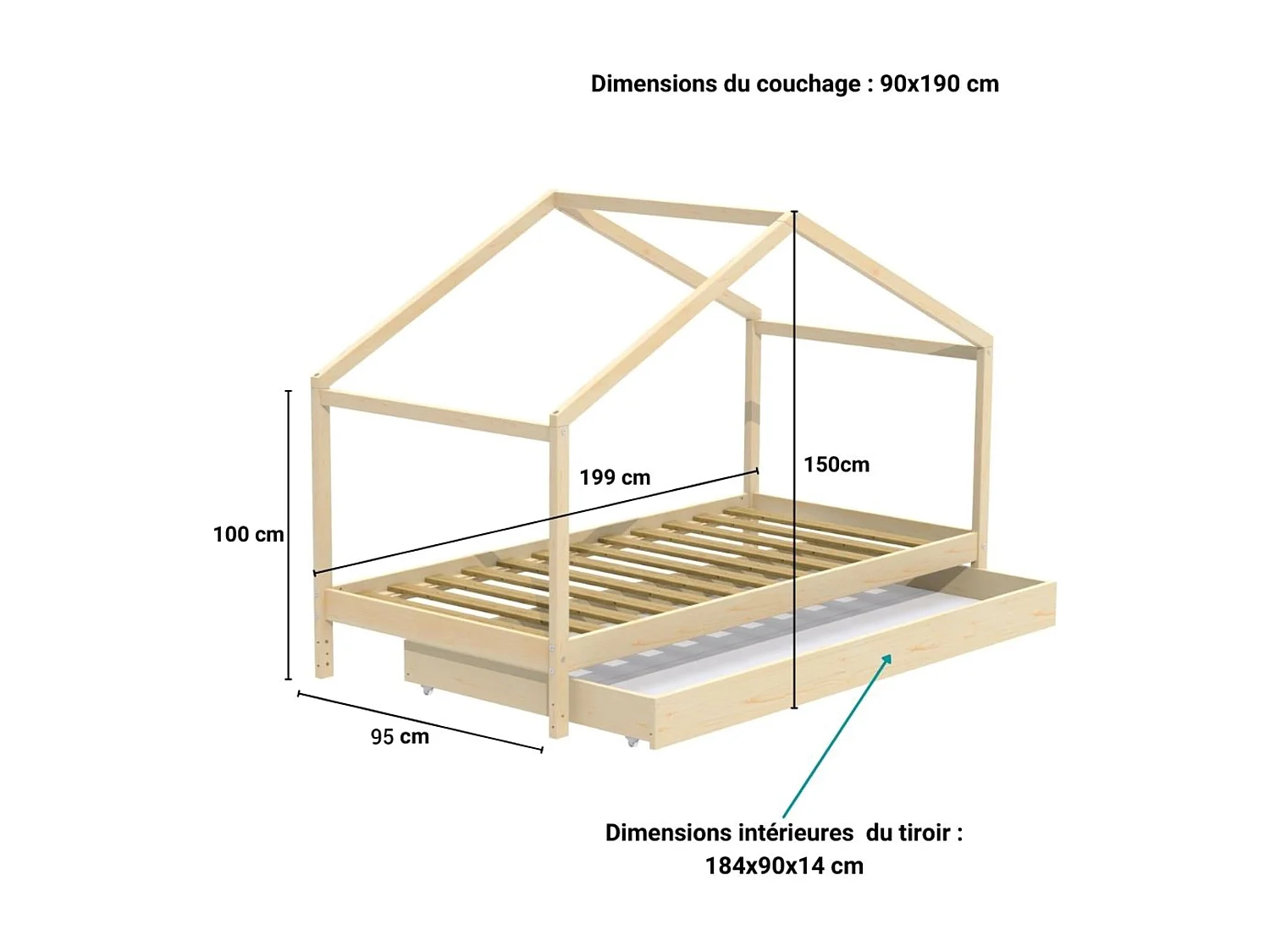 Lit cabane enfant avec tiroir en bois naturel 90x190 - LT14006