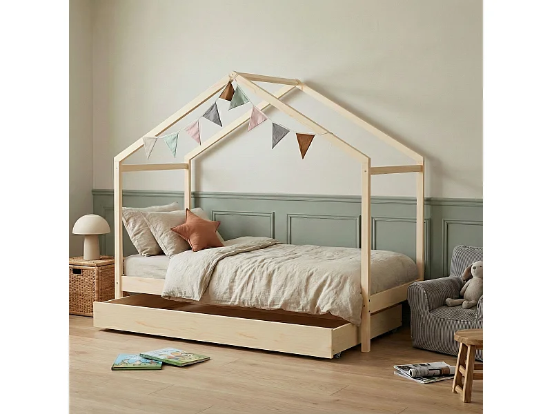 Lit cabane enfant avec tiroir en bois naturel 90x190 - LT14006