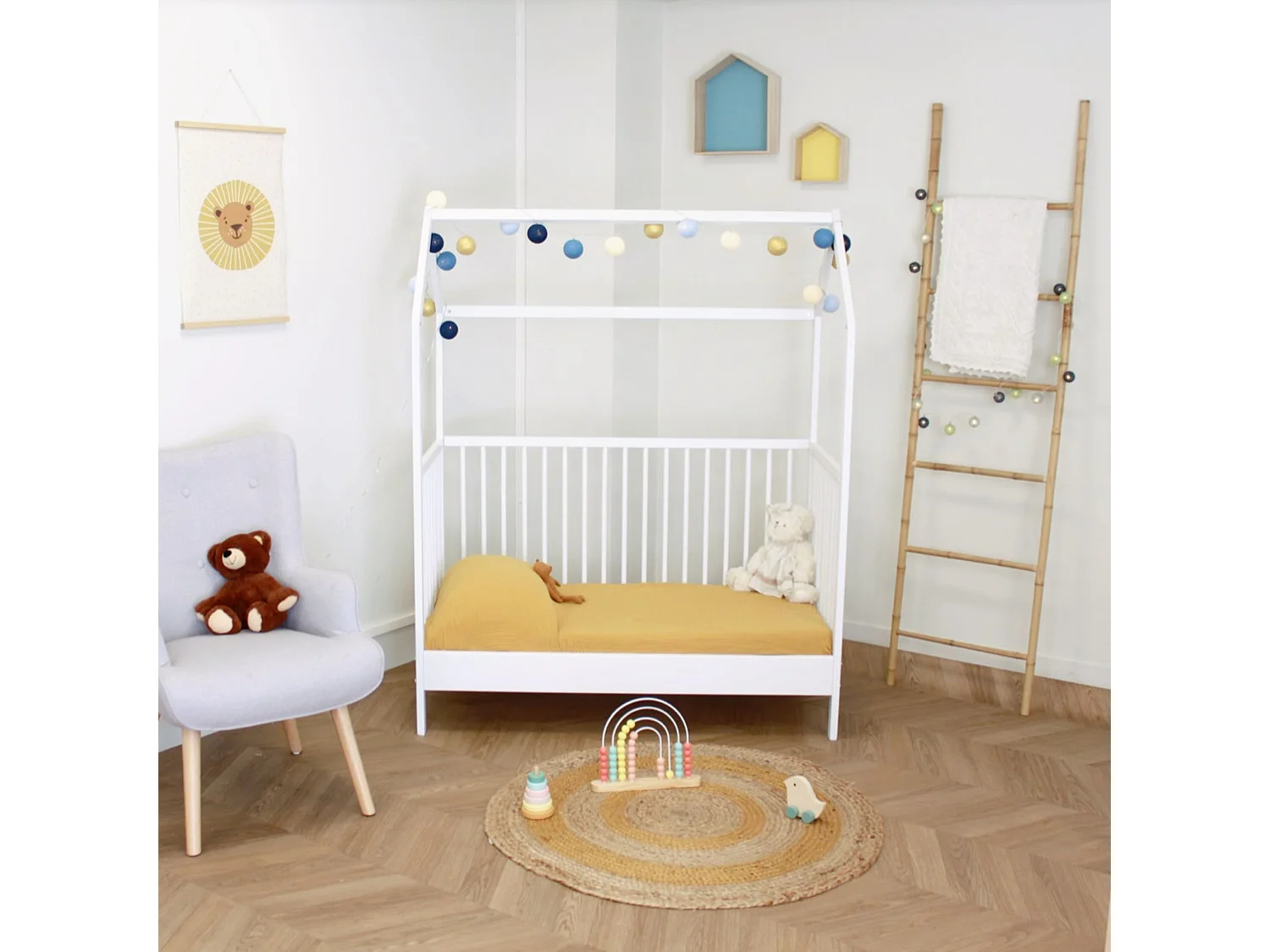 Lit bébé cabane évolutif en bois massif blanc 60x120
