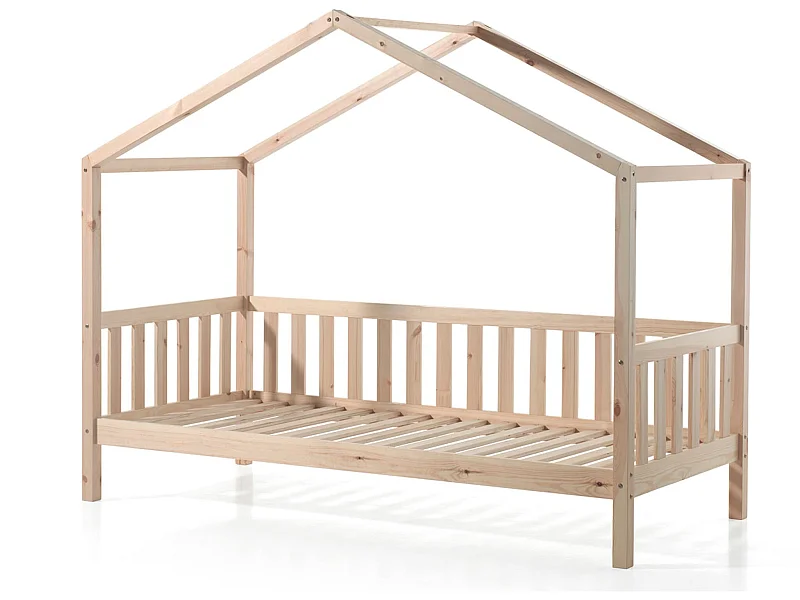 Lit cabane enfant à barreaux en bois massif naturel 90x200 - LT2021
