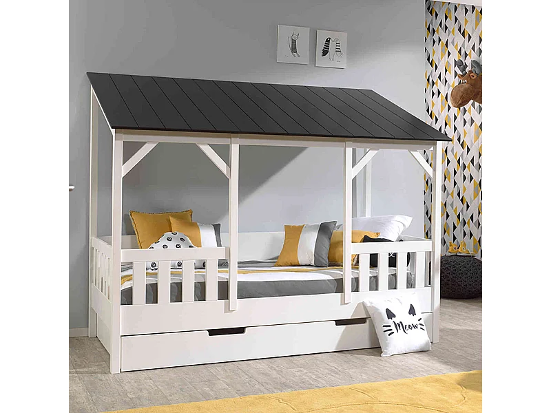 Lit cabane enfant avec toit noir en bois 90x200 + tiroir de lit