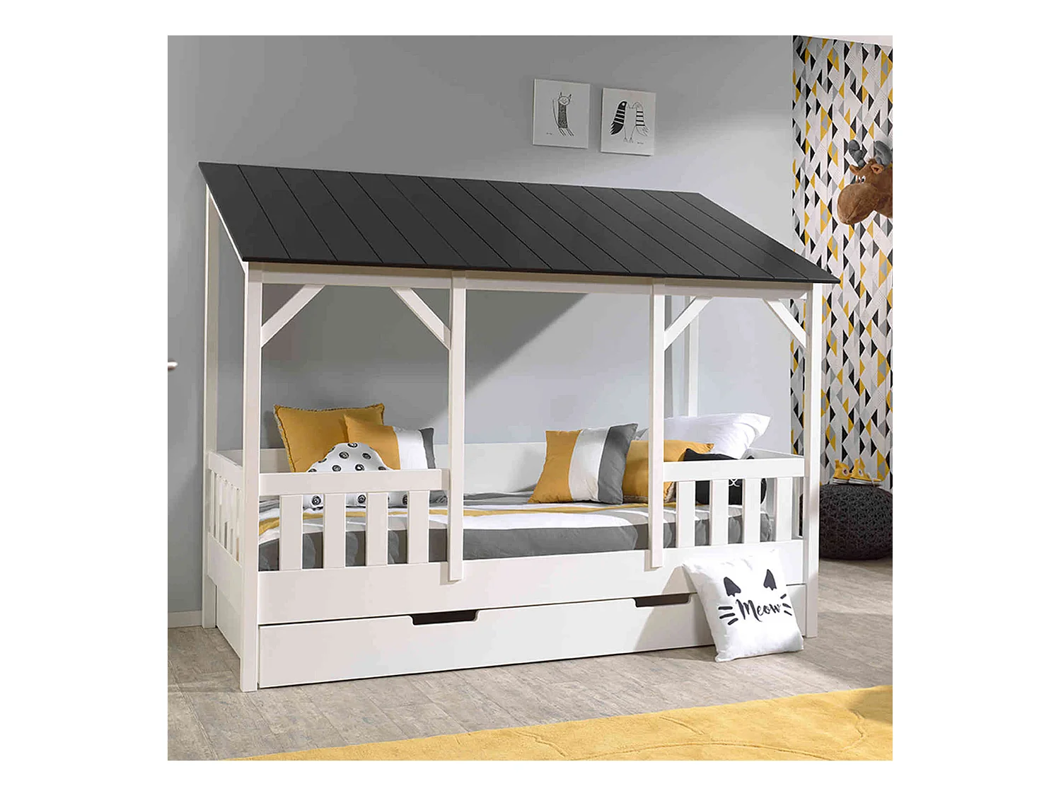 Lit cabane enfant avec toit noir en bois 90x200 + tiroir de lit