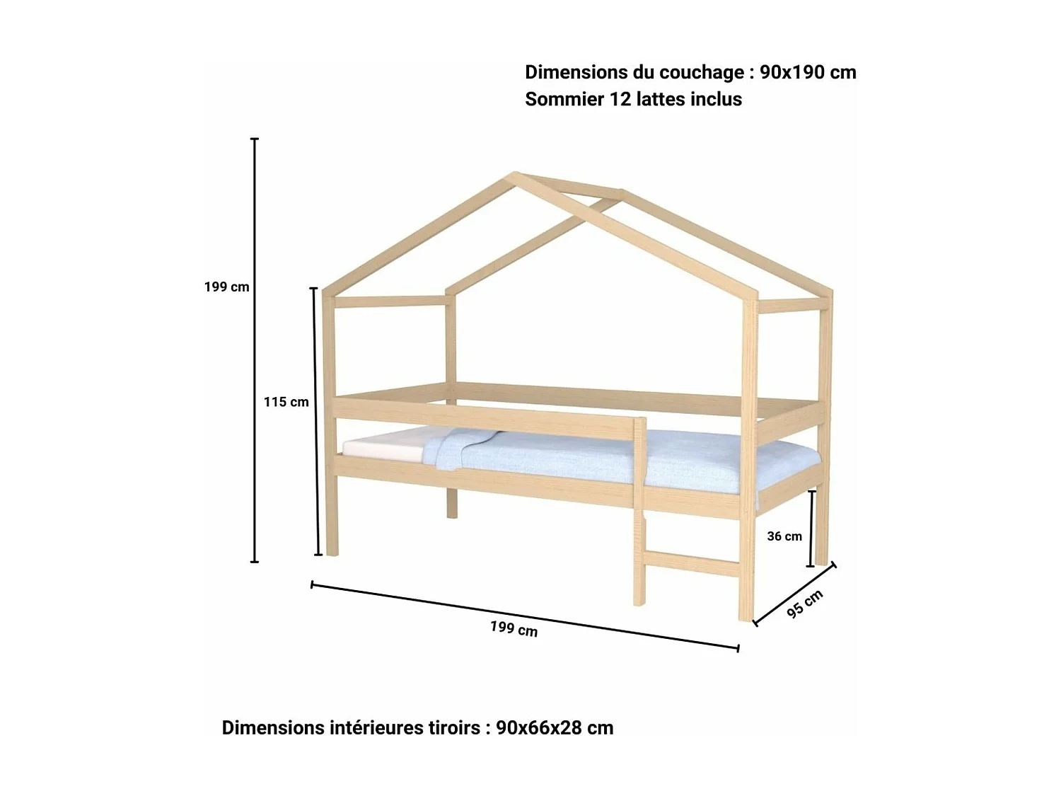 Lit cabane enfant bois naturel laqué 90x190 - LT14052