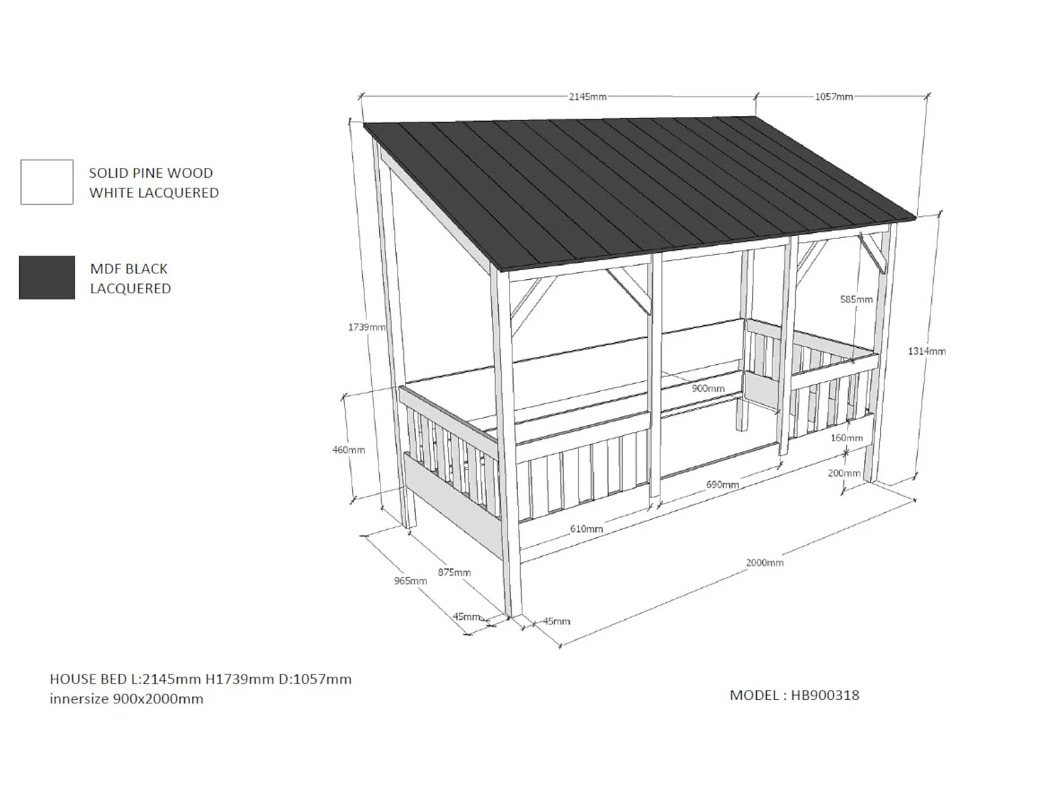 Lit cabane enfant avec toit blanc en bois 90x200