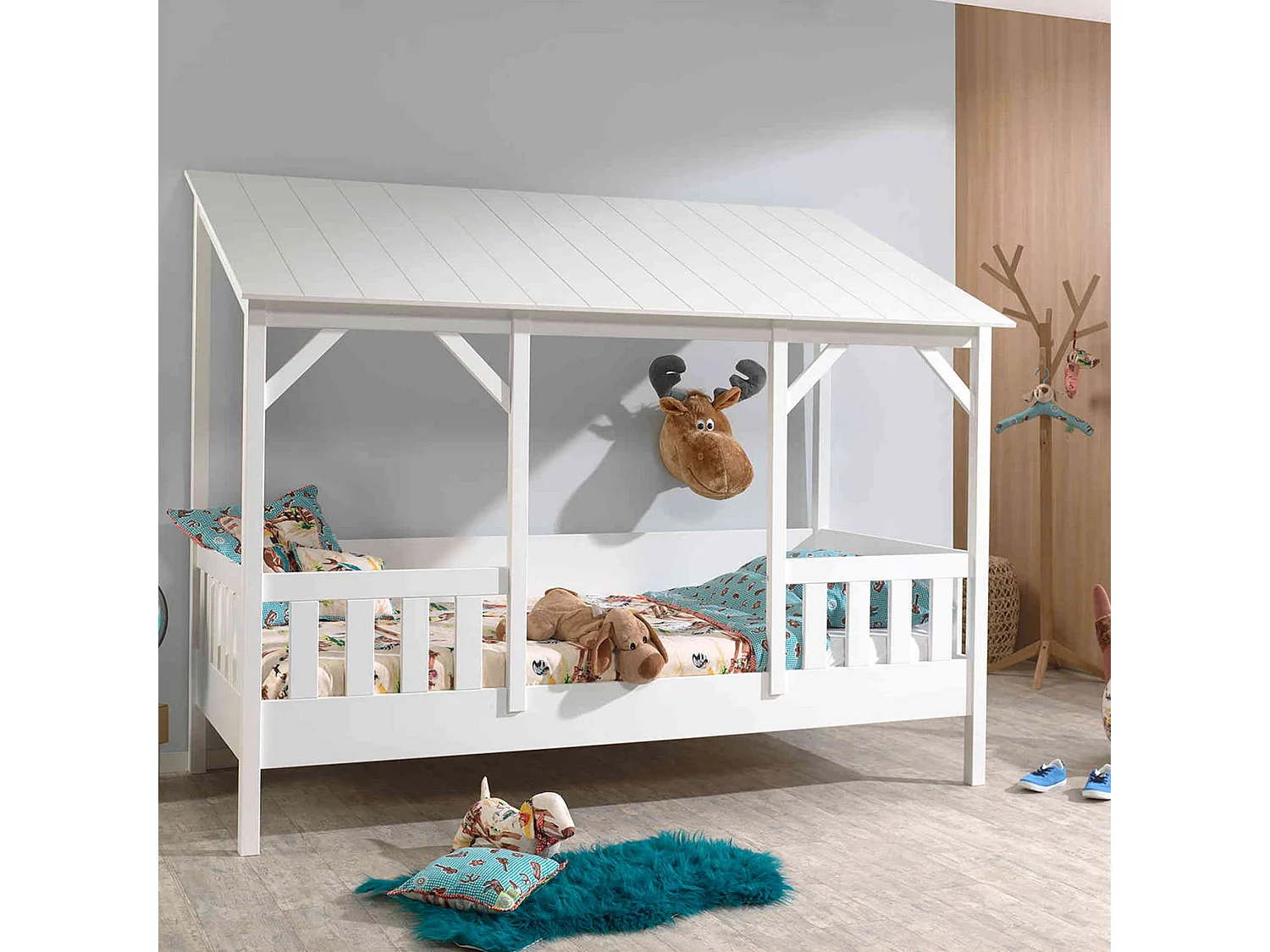 Lit cabane enfant avec toit blanc en bois 90x200