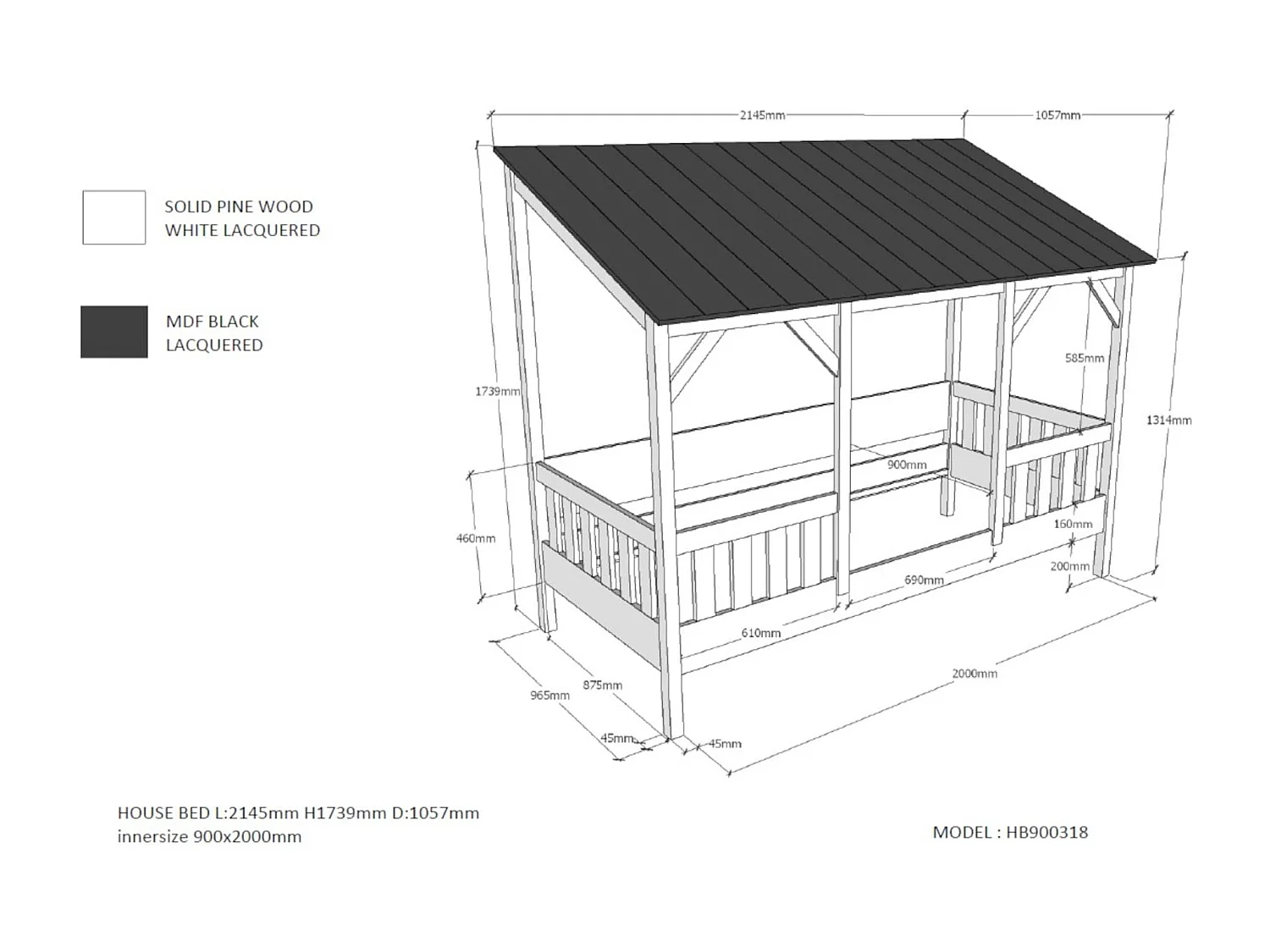 Lit cabane enfant avec toit blanc en bois 90x200