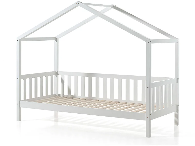 Lit cabane enfant à barreaux en bois massif blanc 90x200 - LT2021