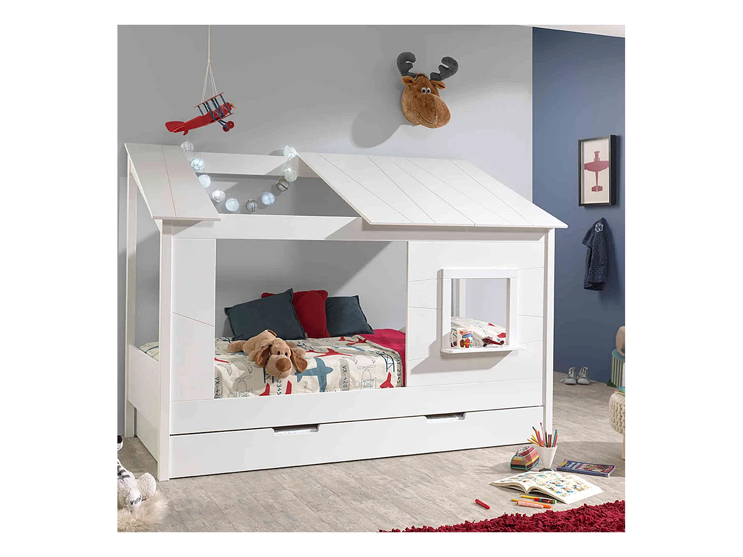 Lit cabane enfant avec toit et fenêtre en bois blanc 90x200 + tiroir de lit
