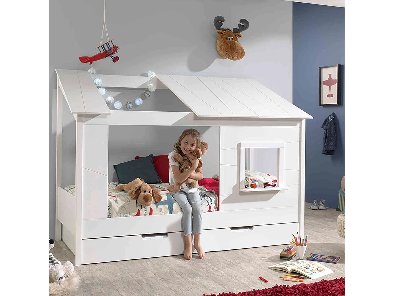 Lit cabane enfant avec toit et fenêtre en bois blanc 90x200 + tiroir de lit