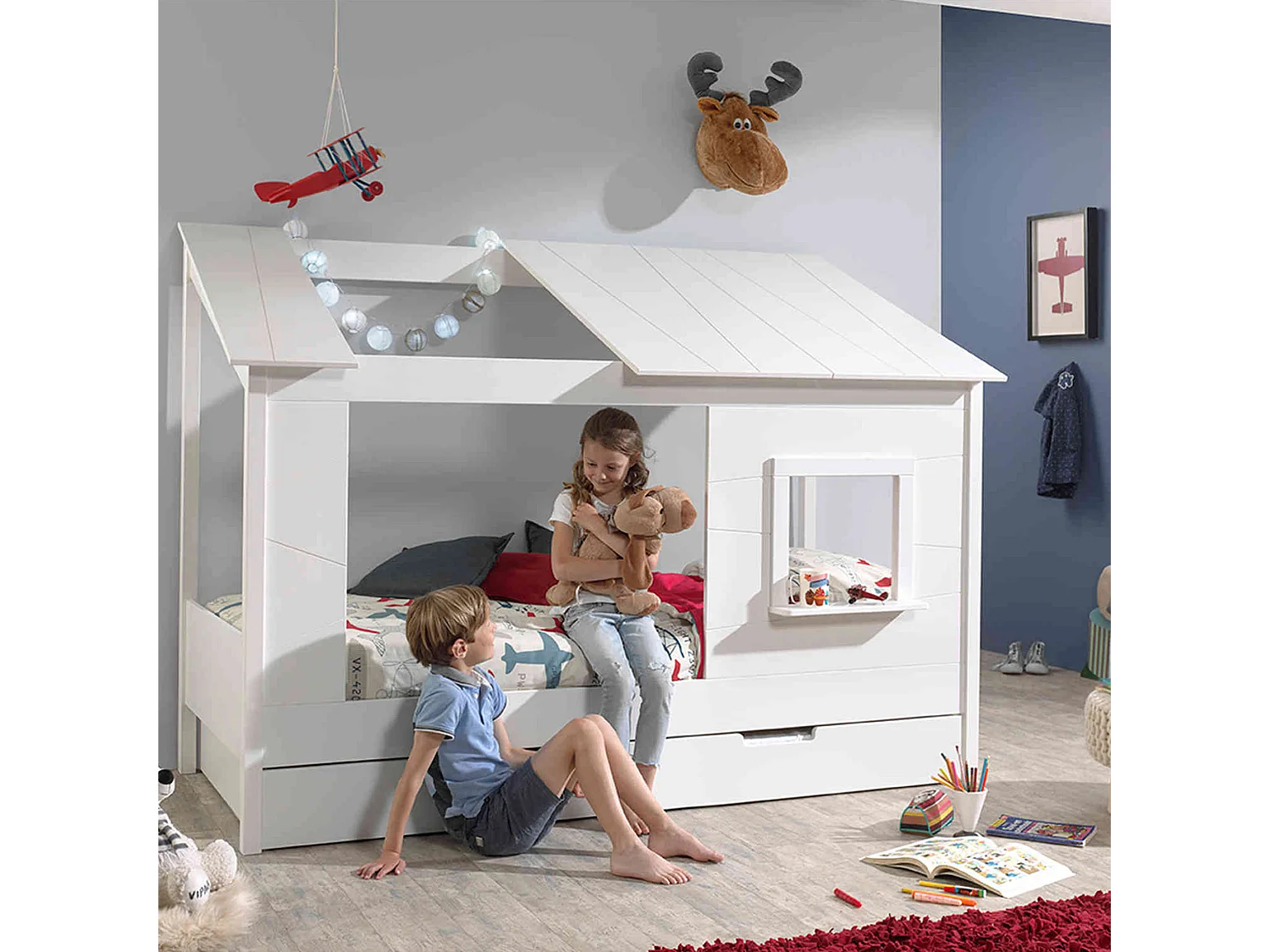 Lit cabane enfant avec toit et fenêtre en bois blanc 90x200 + tiroir de lit