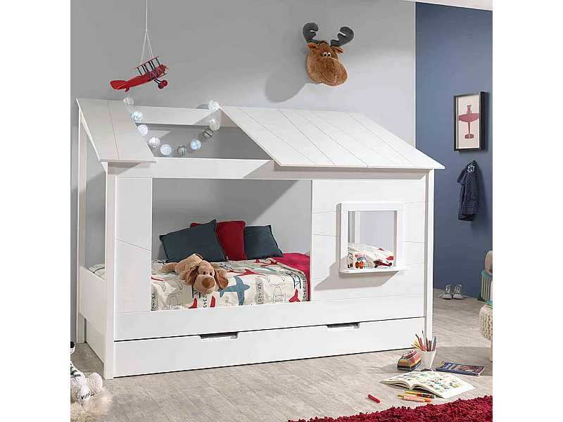 Lit cabane enfant avec toit et fenêtre en bois blanc 90x200 + tiroir de lit