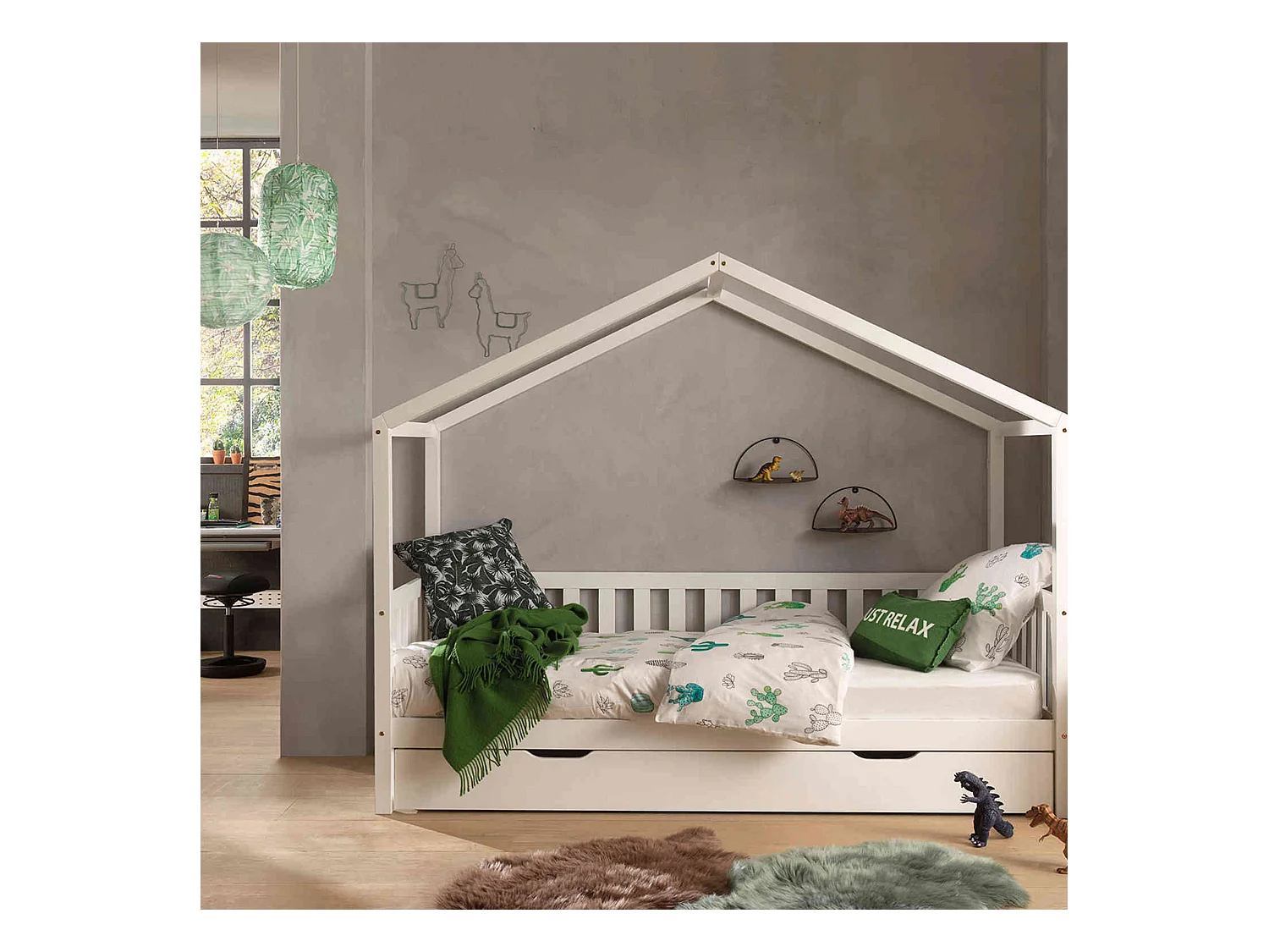 Lit cabane enfant à barreaux en bois massif blanc 90x200 avec tiroir de lit - LT2025