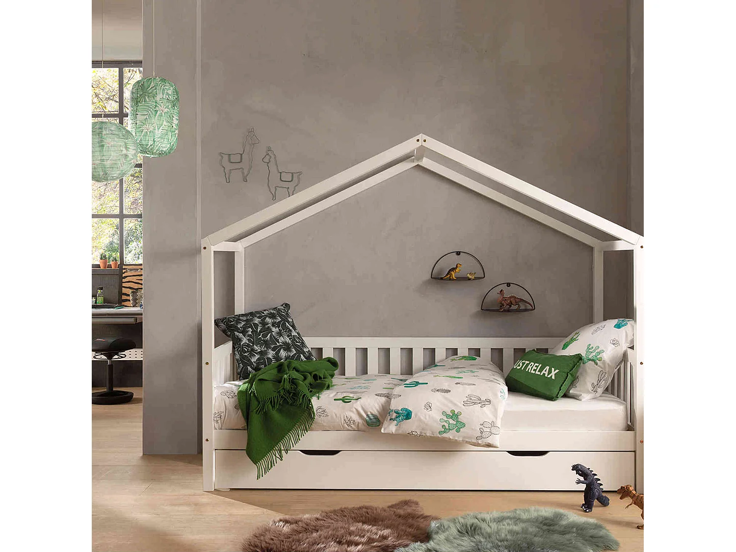 Lit cabane enfant à barreaux en bois massif blanc 90x200 avec tiroir de lit - LT2025