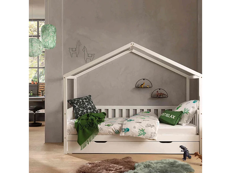 Lit cabane enfant à barreaux en bois massif blanc 90x200 avec tiroir de lit - LT2025