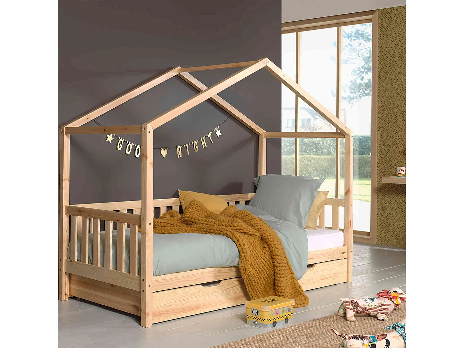 Lit cabane enfant à barreaux en bois massif naturel 90x200 avec tiroir de lit - LT2025