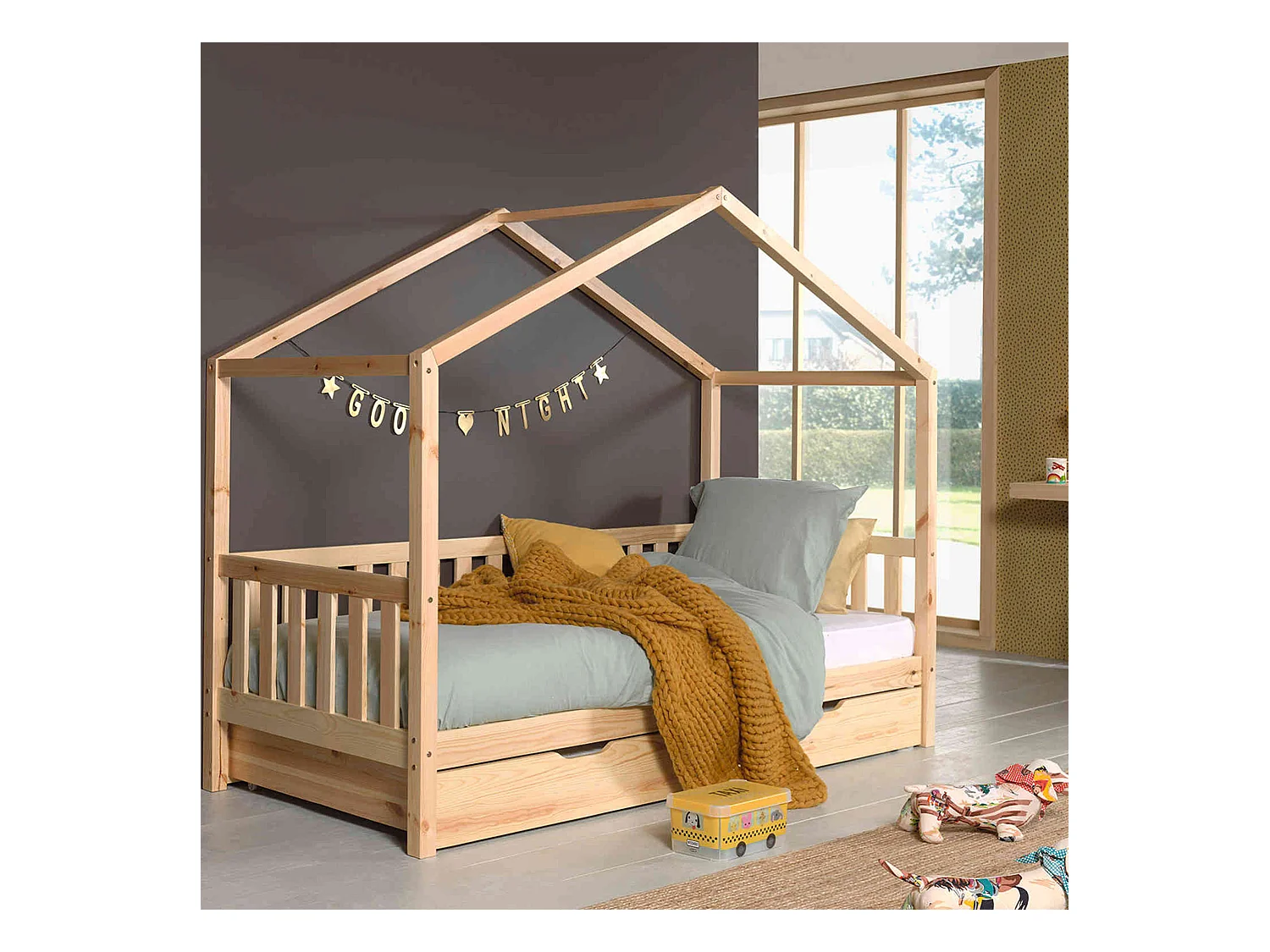 Lit cabane enfant à barreaux en bois massif naturel 90x200 avec tiroir de lit - LT2025