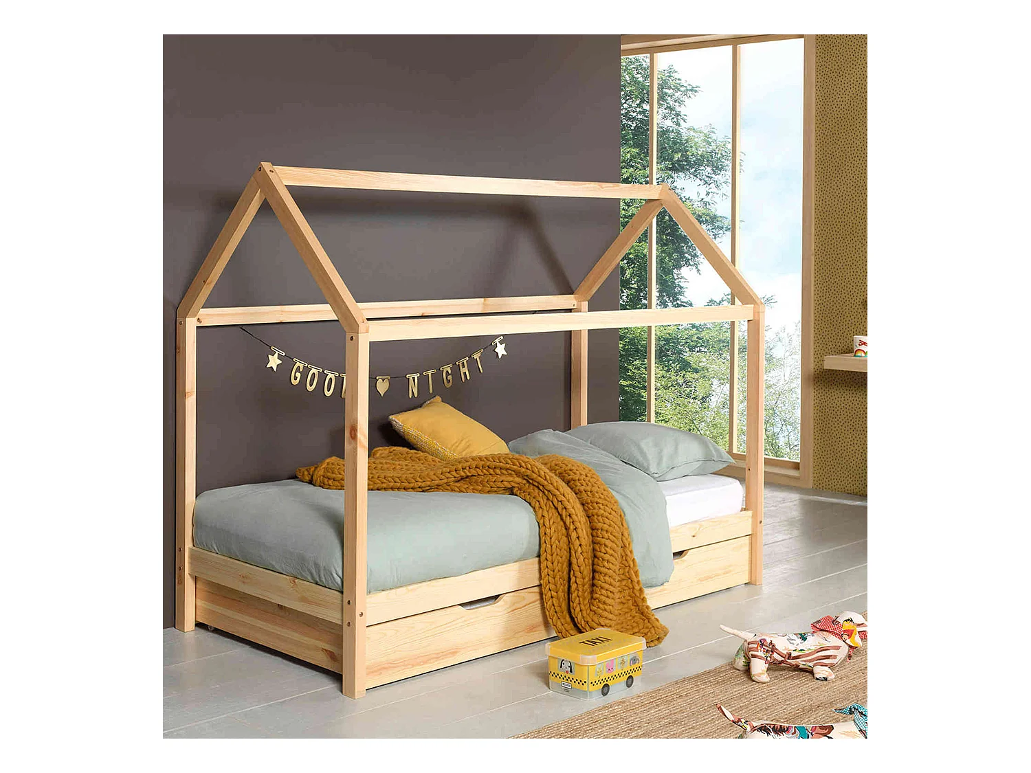 Lit cabane enfant en bois massif naturel 90x200 avec tiroir de lit - LT2024