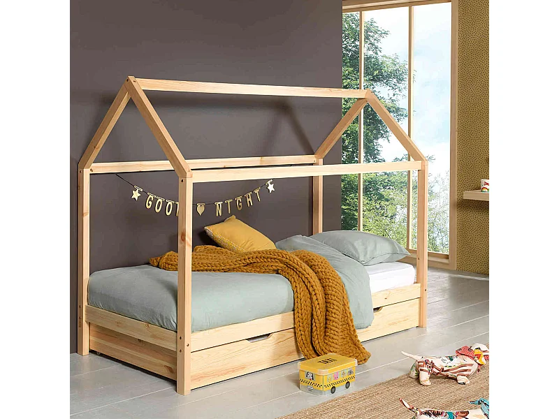 Lit cabane enfant en bois massif naturel 90x200 avec tiroir de lit - LT2024