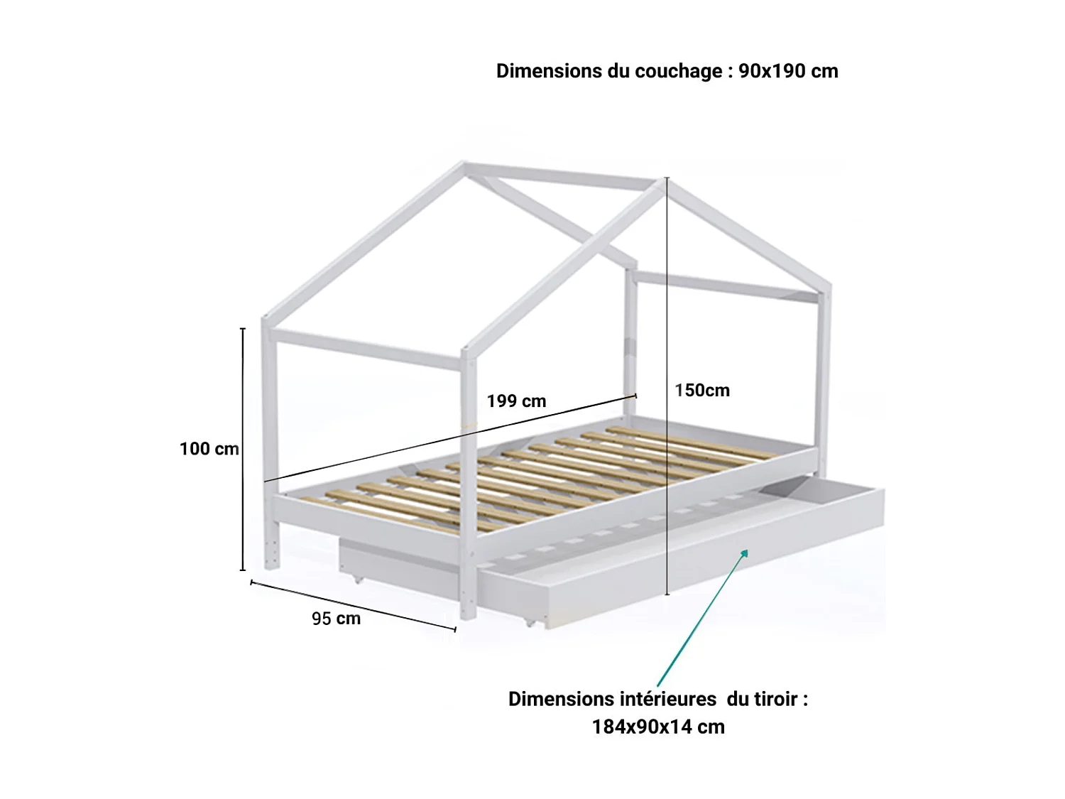 Lit cabane enfant avec tiroir en bois blanc 90x190 - LT14006