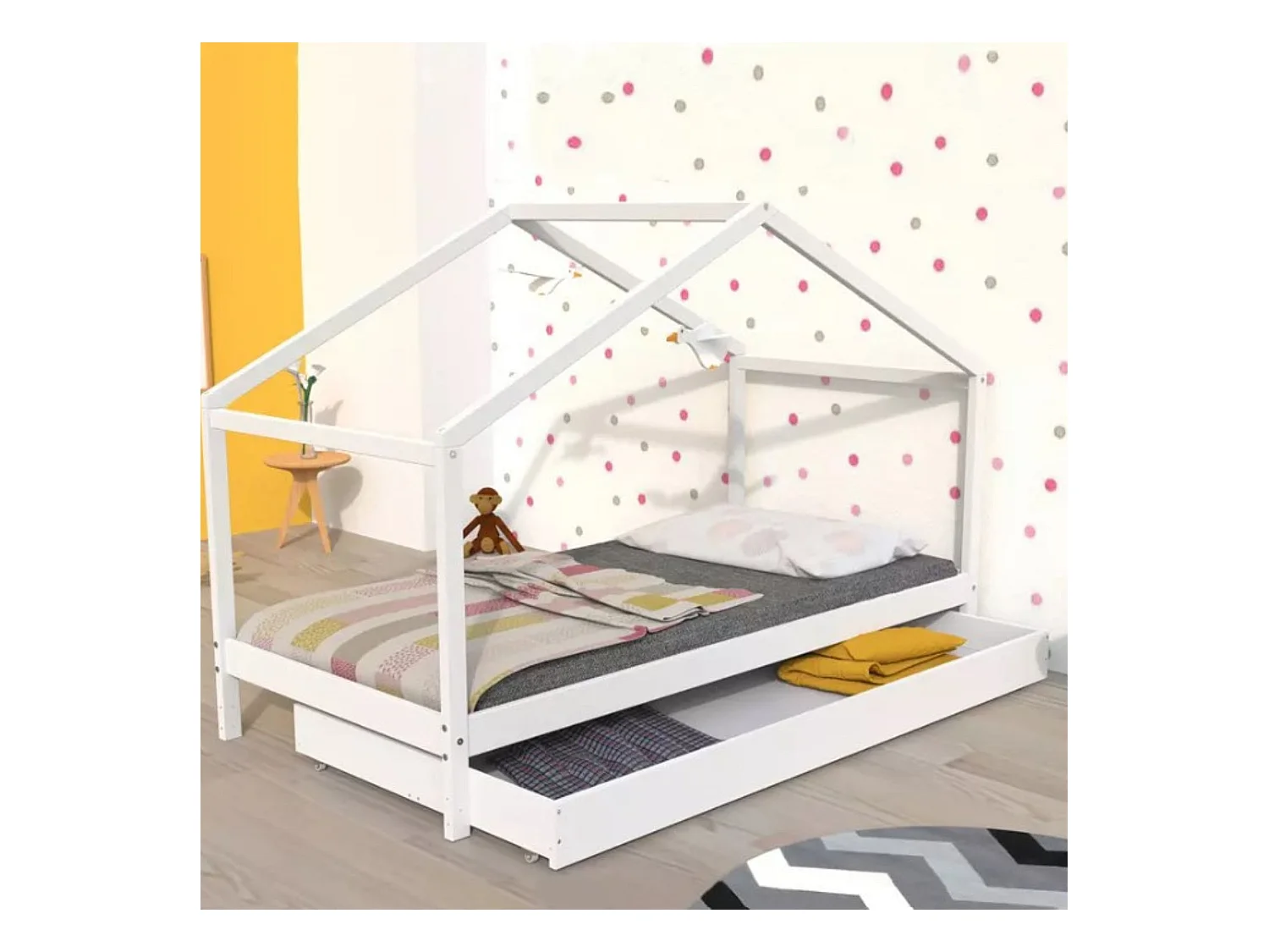 Lit cabane enfant avec tiroir en bois blanc 90x190 - LT14006