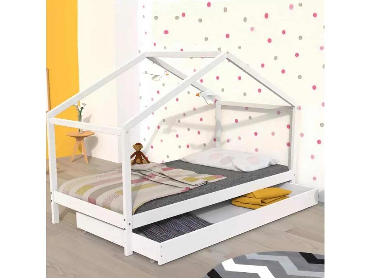 Lit cabane enfant avec tiroir en bois blanc 90x190 - LT14006