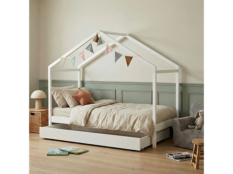 Lit cabane enfant avec tiroir en bois blanc 90x190 - LT14006