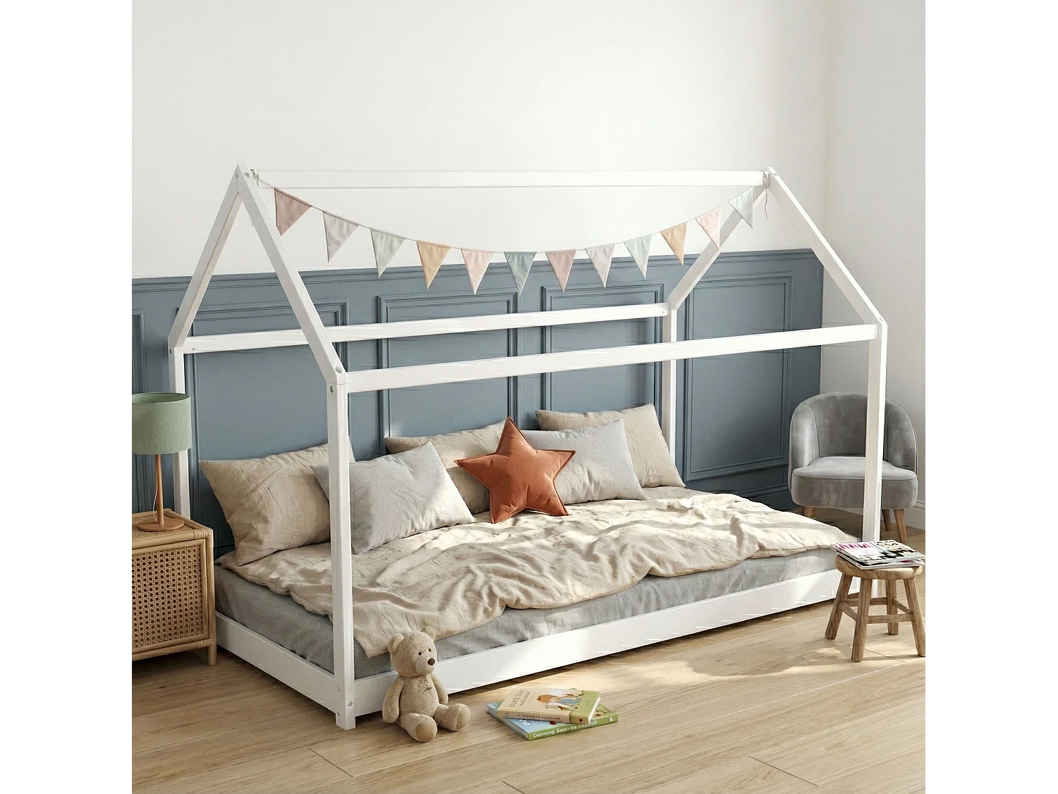 Lit cabane enfant inspiration Montessori en bois blanc 90x200 - LT14004