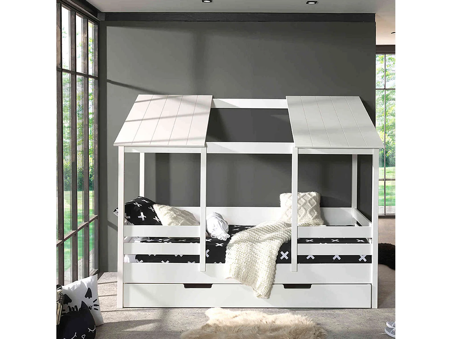 Lit cabane enfant avec toit en bois blanc 90x200 + tiroir de lit