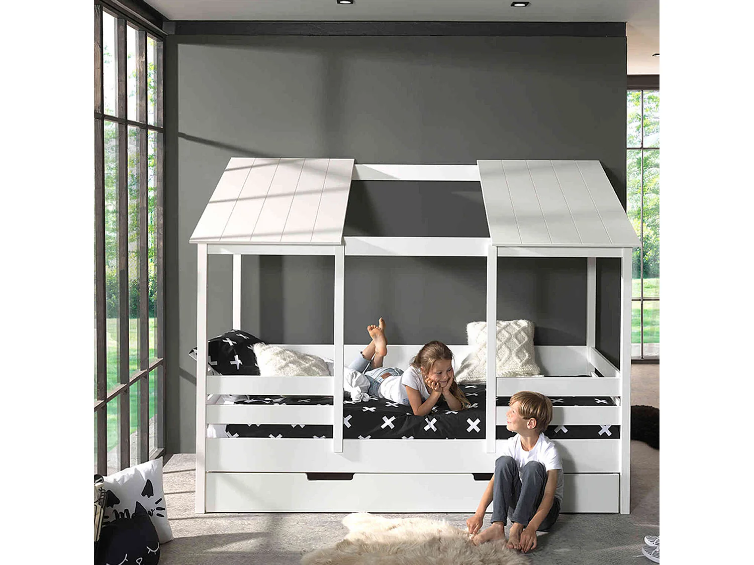 Lit cabane enfant avec toit en bois blanc 90x200 + tiroir de lit